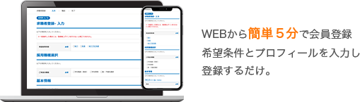 WEBから簡単で会員登録希望条件とプロフィール入力し登録するだけ